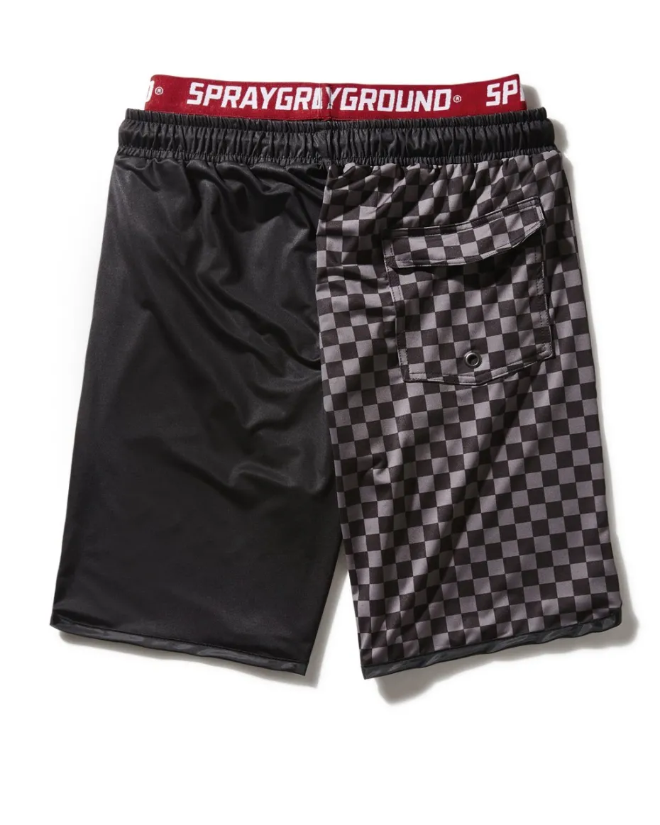 GREY CHECKERED SPLIT CORTO SWIM TRUNKS