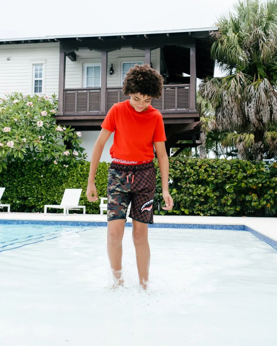 KIDS CHECKS & CAMO SWIM TRUNKS